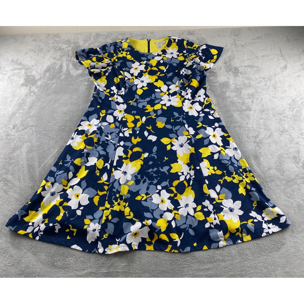 London Times Woman Floral Fit Flare Dress Navy Yellow White Flutter Sleeve 16W